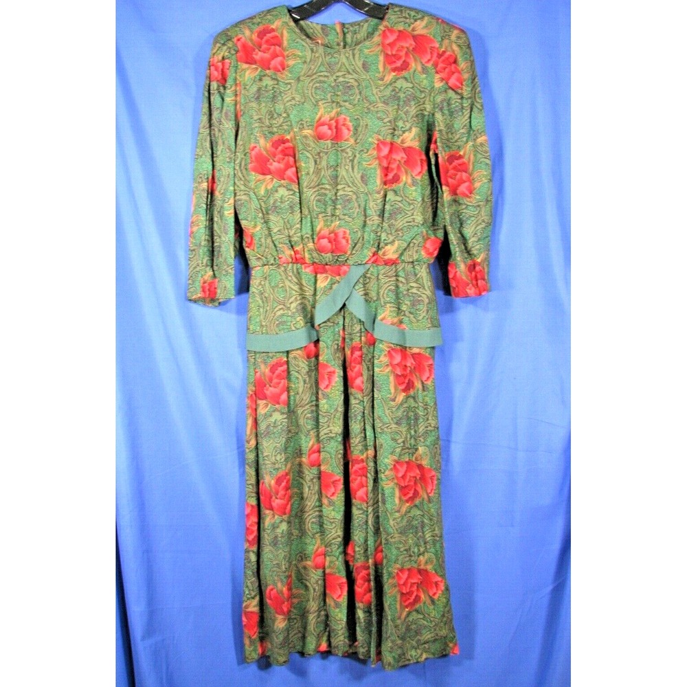LISA II Rayon Challis VTG PLEATED w/PEPLUM DRESS Green w/Red Roses SECRETARY 8